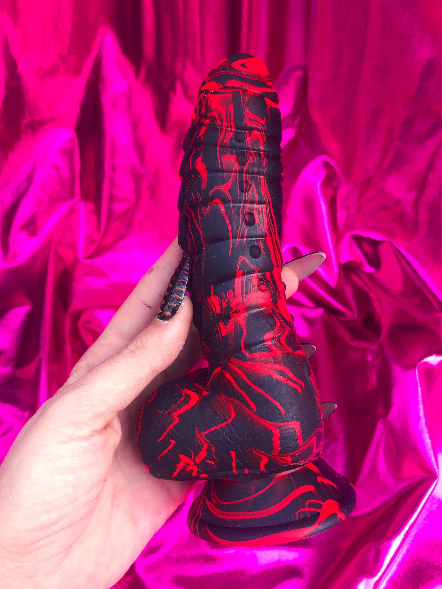 Black & red silicone devil dildo with suction cup. M/L/XL sizes