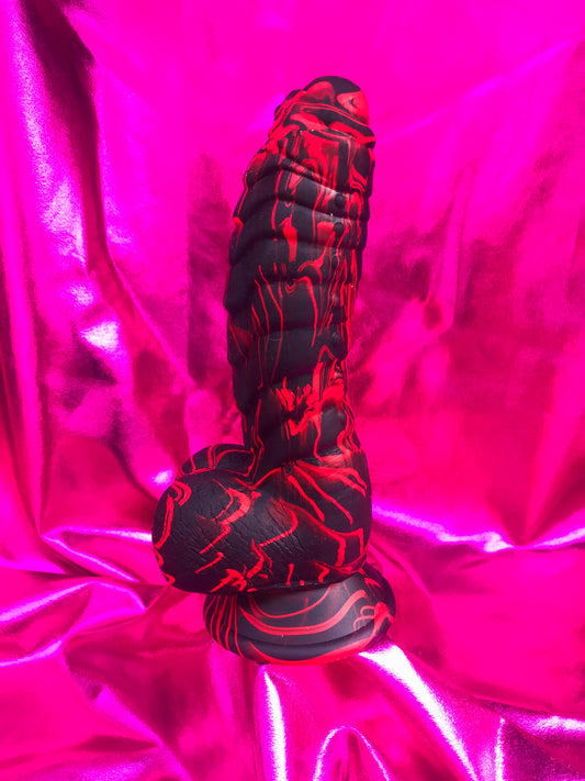 Black & red silicone devil dildo with suction cup. M/L/XL sizes 