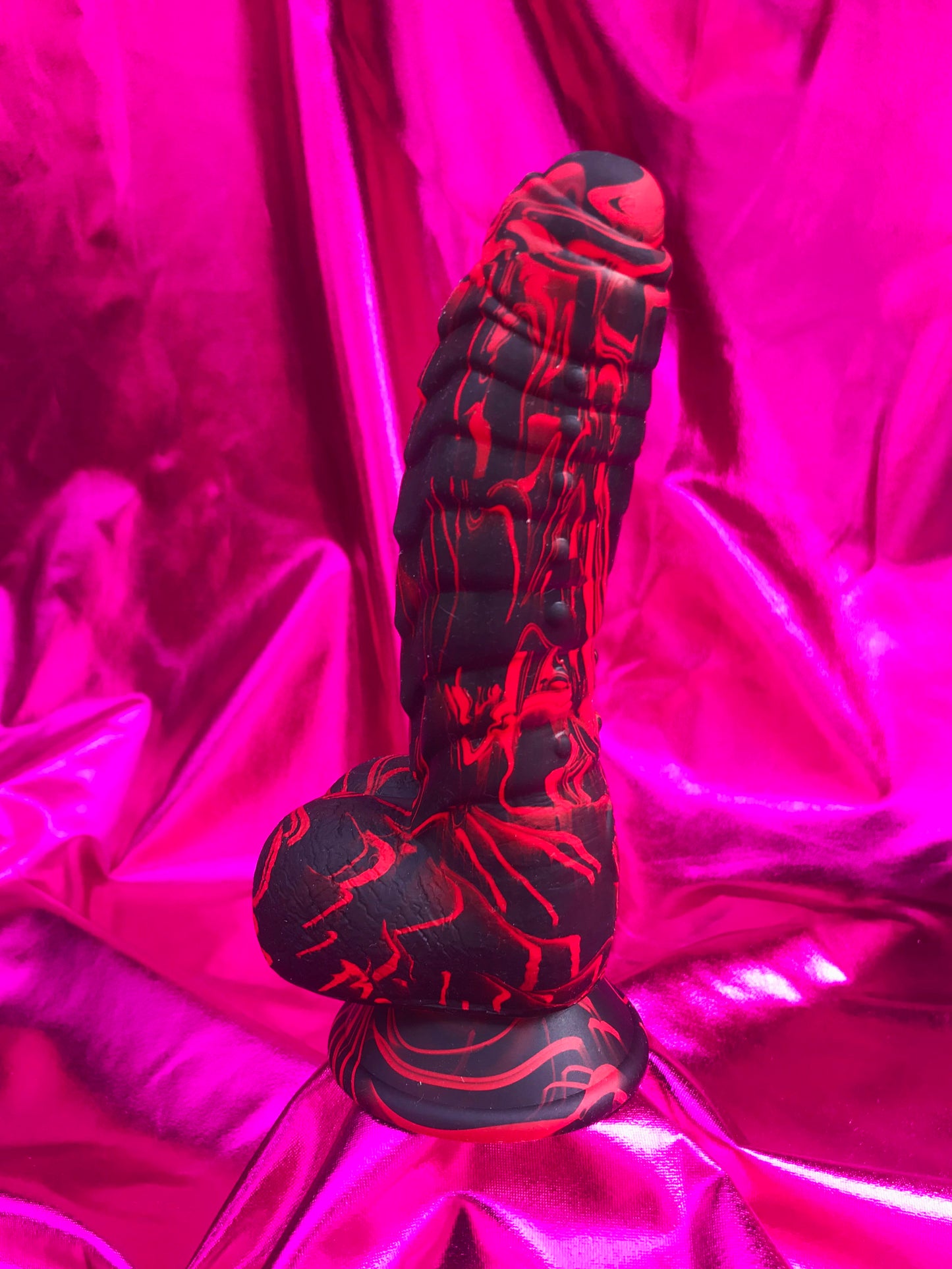Black & red silicone devil dildo with suction cup. M/L/XL sizes