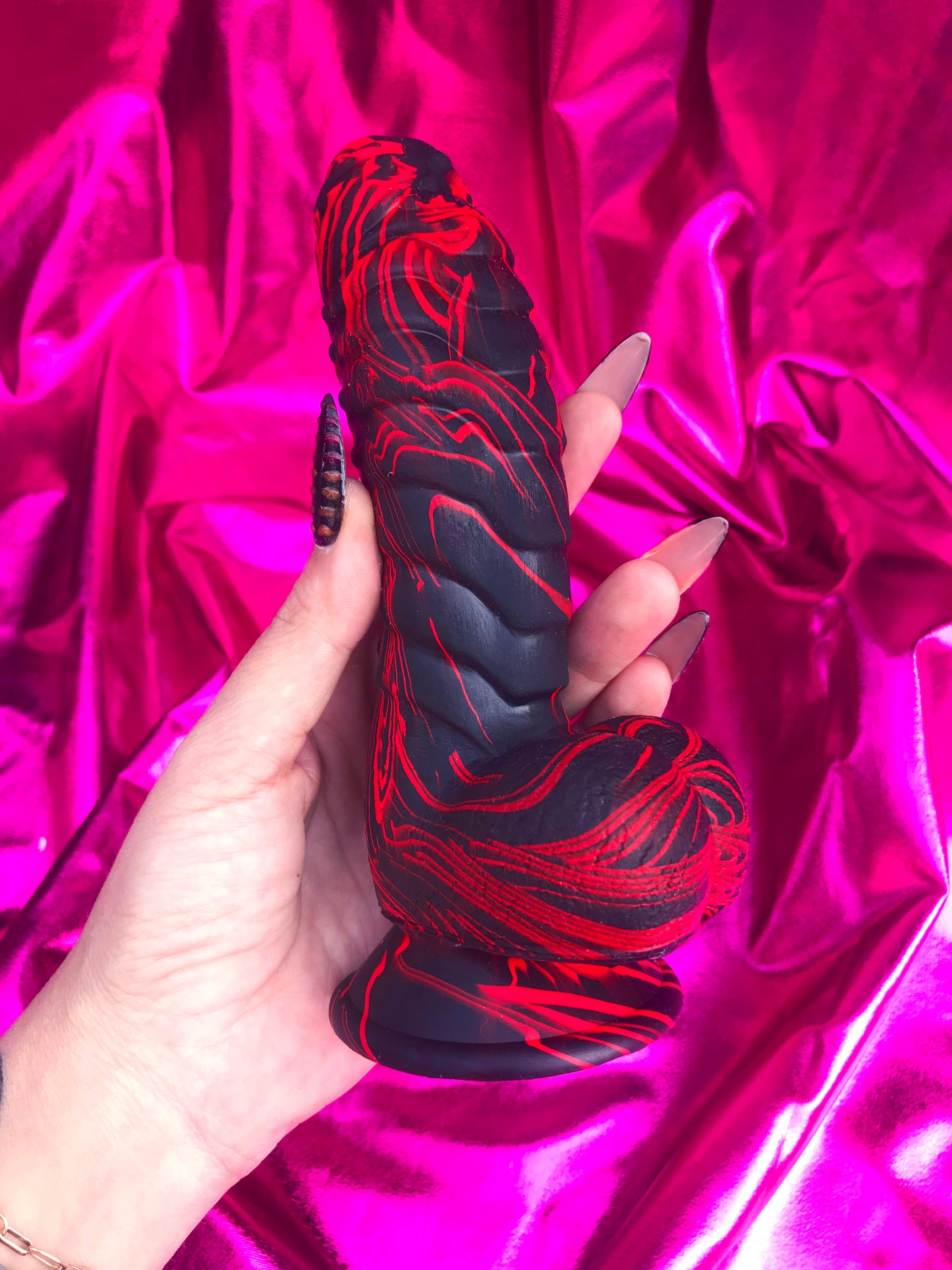 Black & red silicone devil dildo with suction cup. M/L/XL sizes