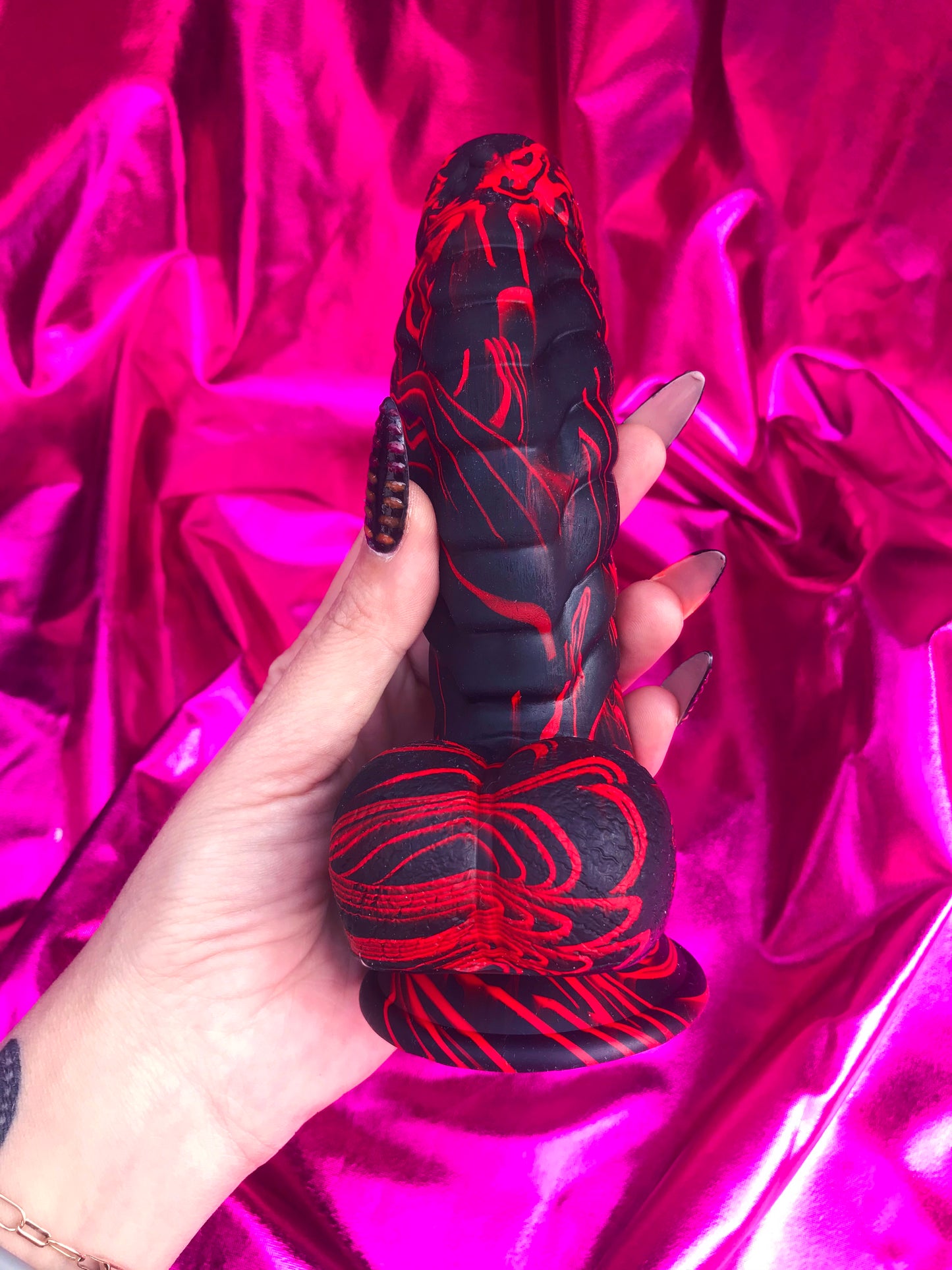 Black & red silicone devil dildo with suction cup. M/L/XL sizes