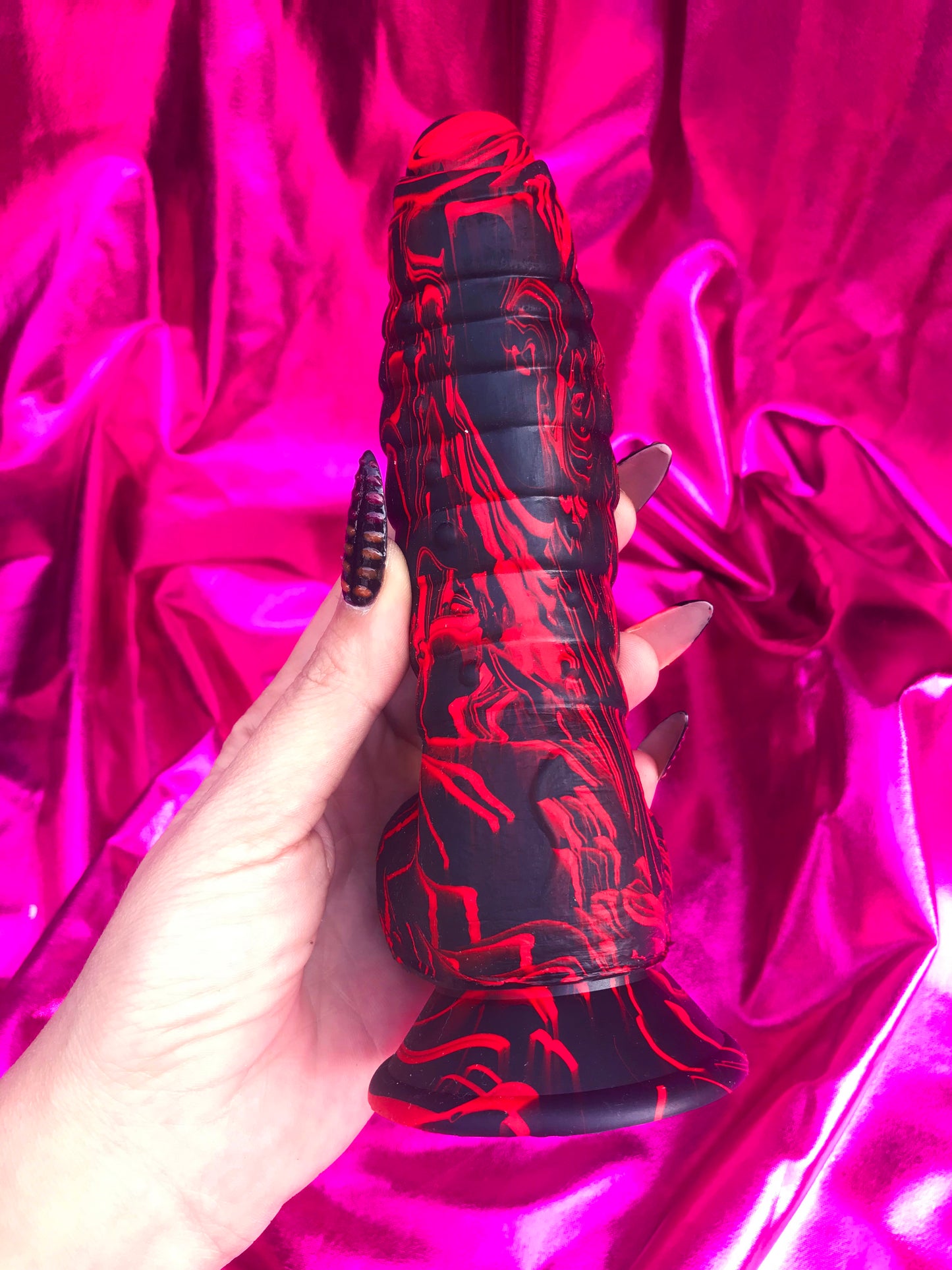 Black & red silicone devil dildo with suction cup. M/L/XL sizes