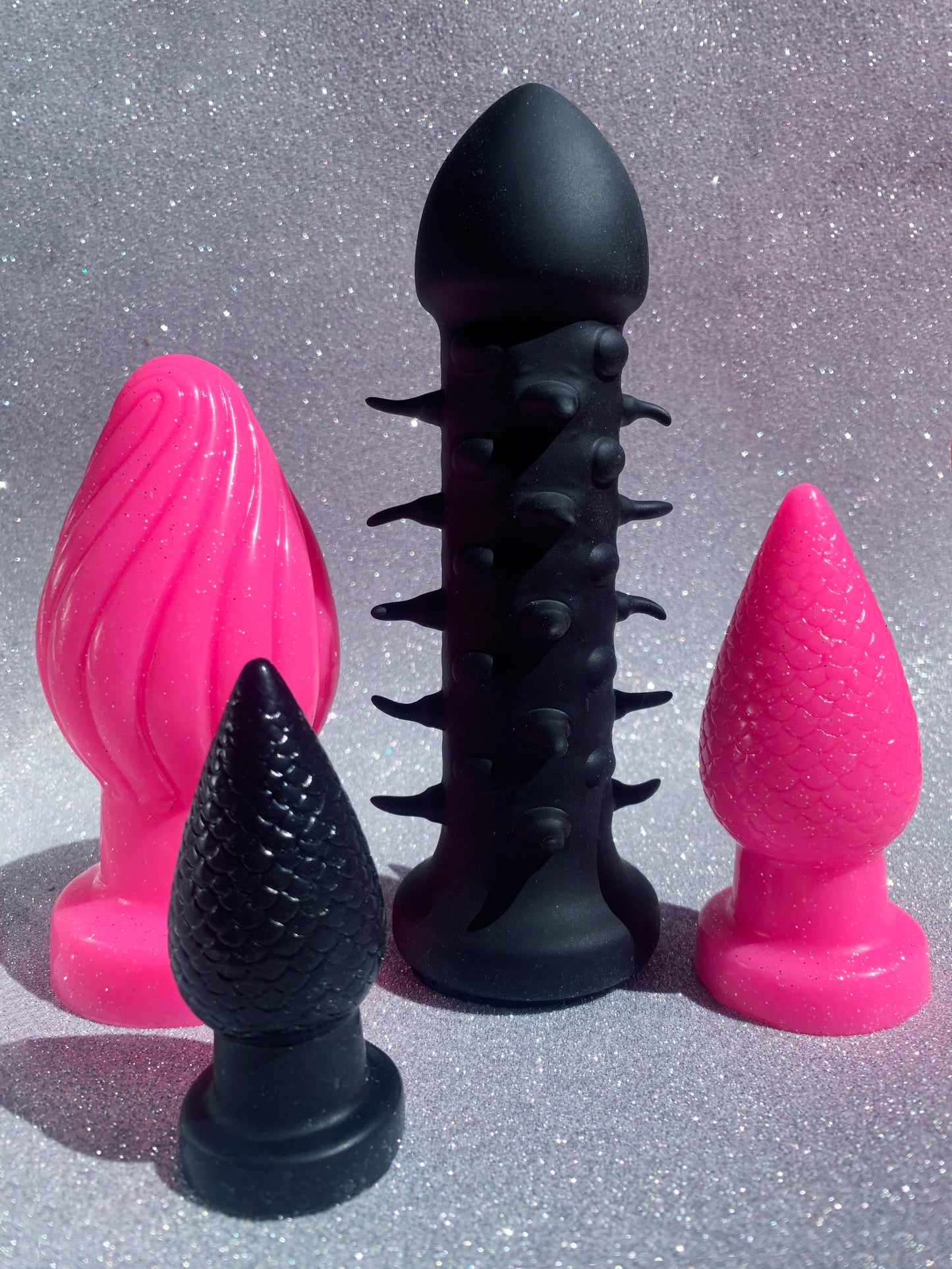 Black spiked BDSM dildo & big fantasy silicone butt plugs