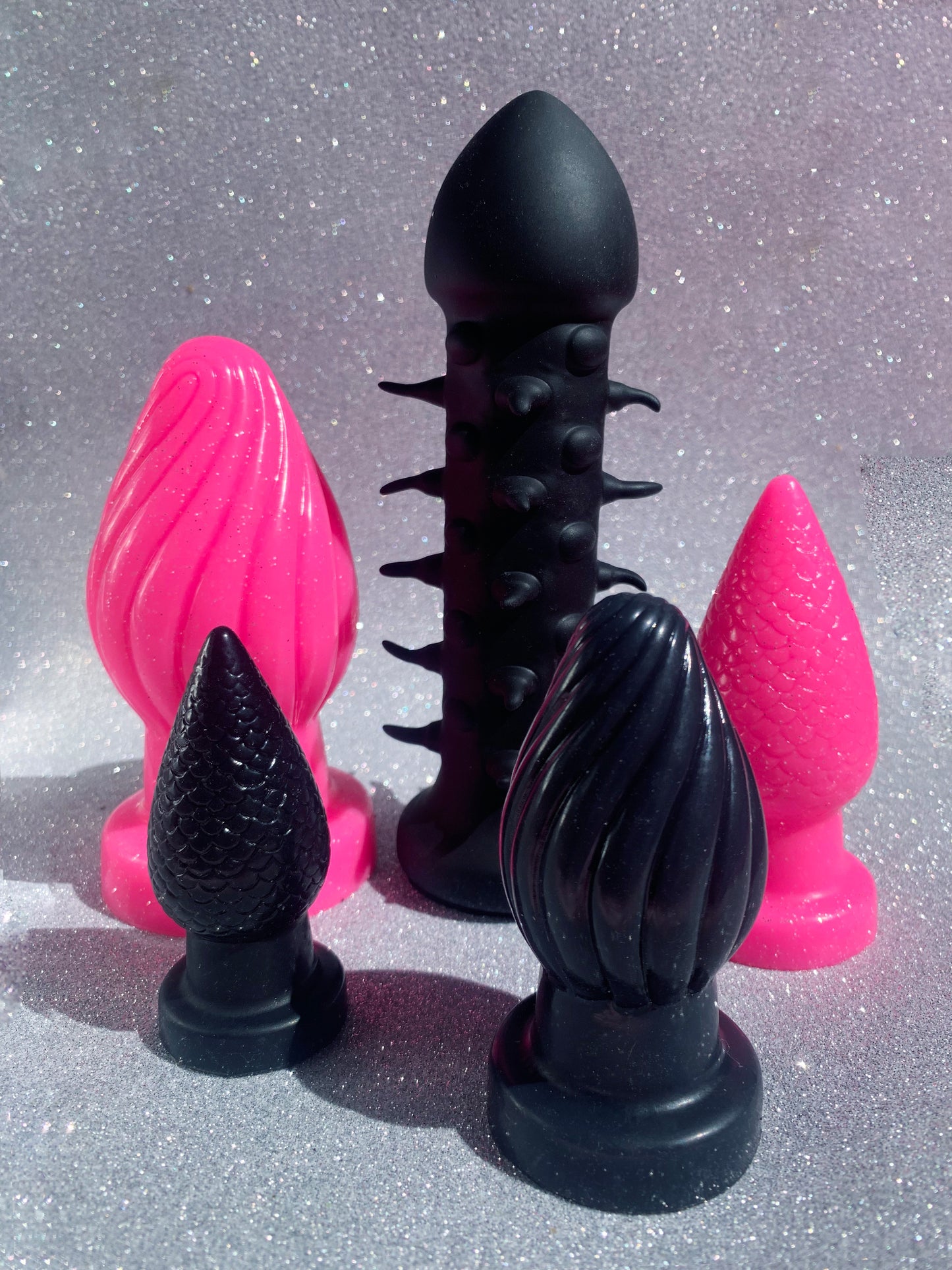 Black spiked BDSM dildo & big fantasy silicone butt plugs