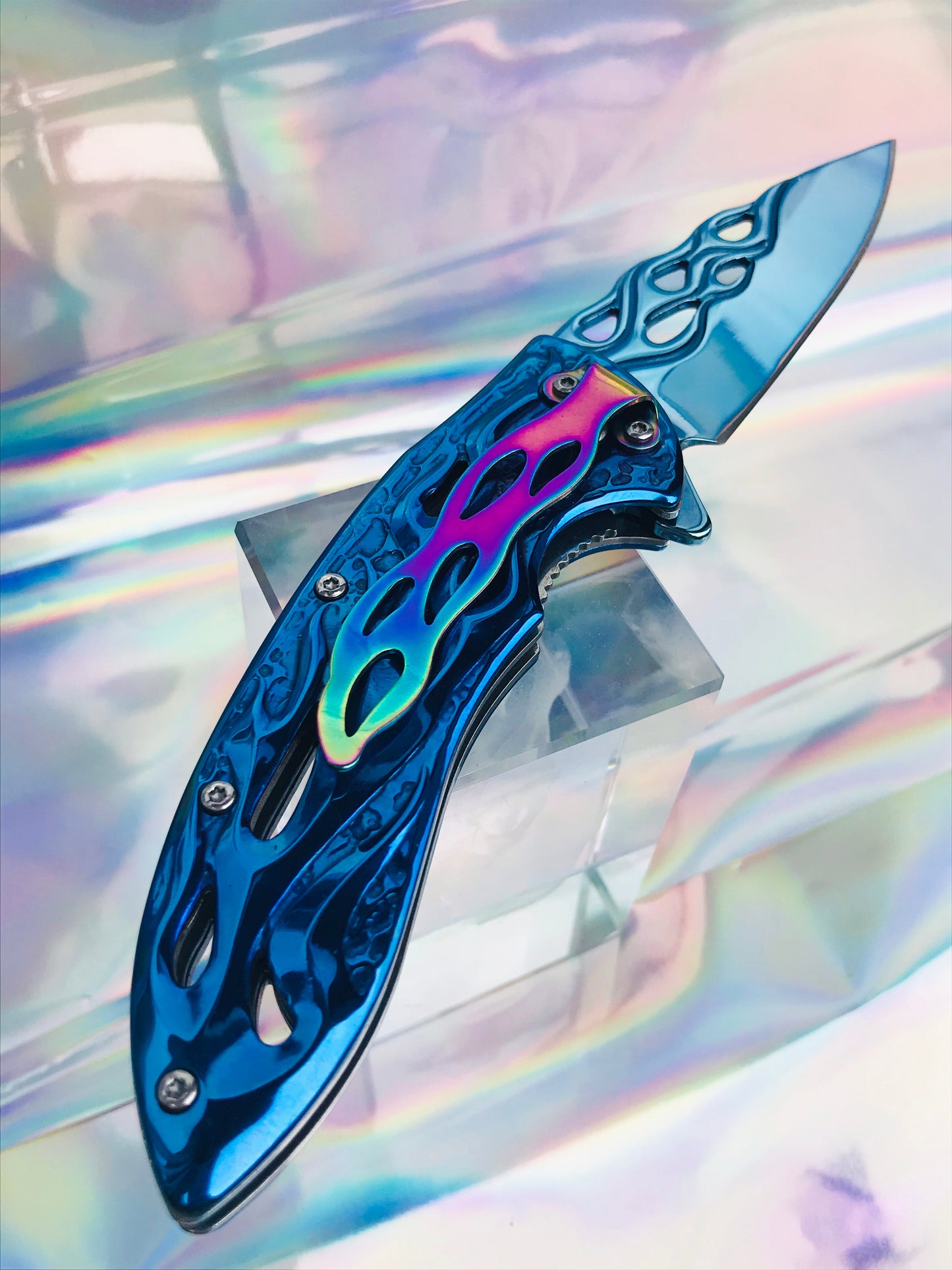 Cute blue rainbow folding pocket knife