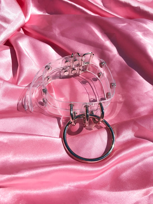 Clear pvc bdsm collar with large silver steel buckle for bondage or BDSM 