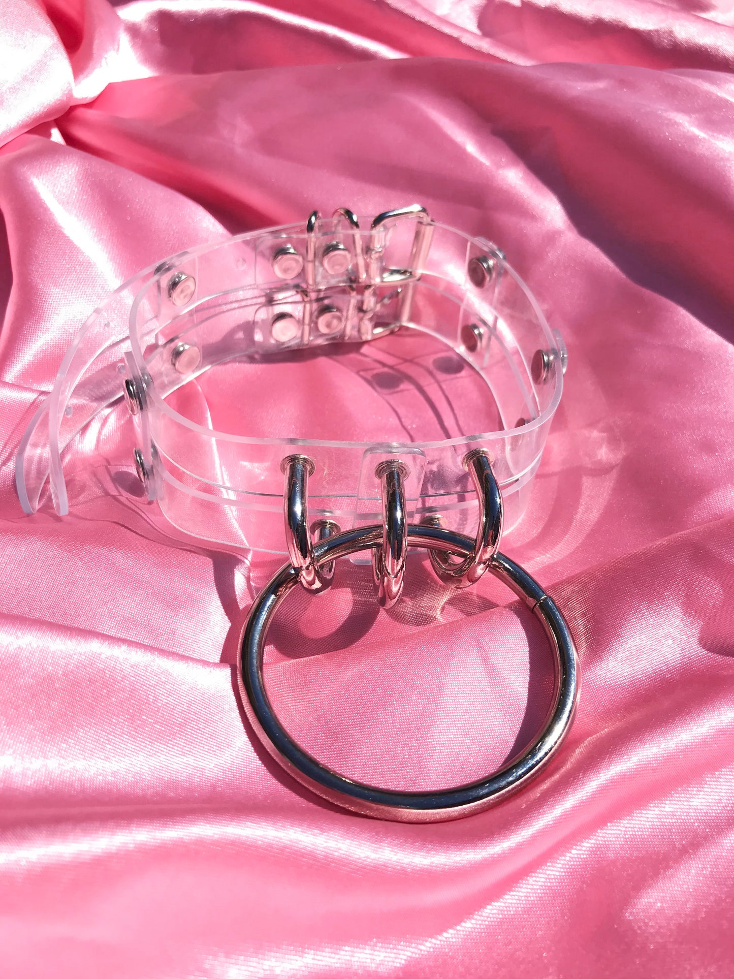 Clear pvc bdsm collar with large silver steel buckle for bondage or BDSM