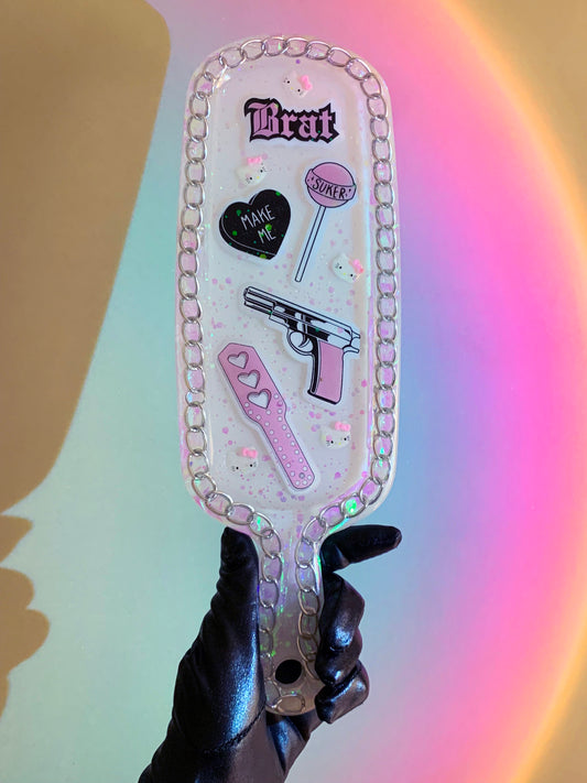 Big kawaii resin spanking paddle with cute y2k pink stickers and glitter
