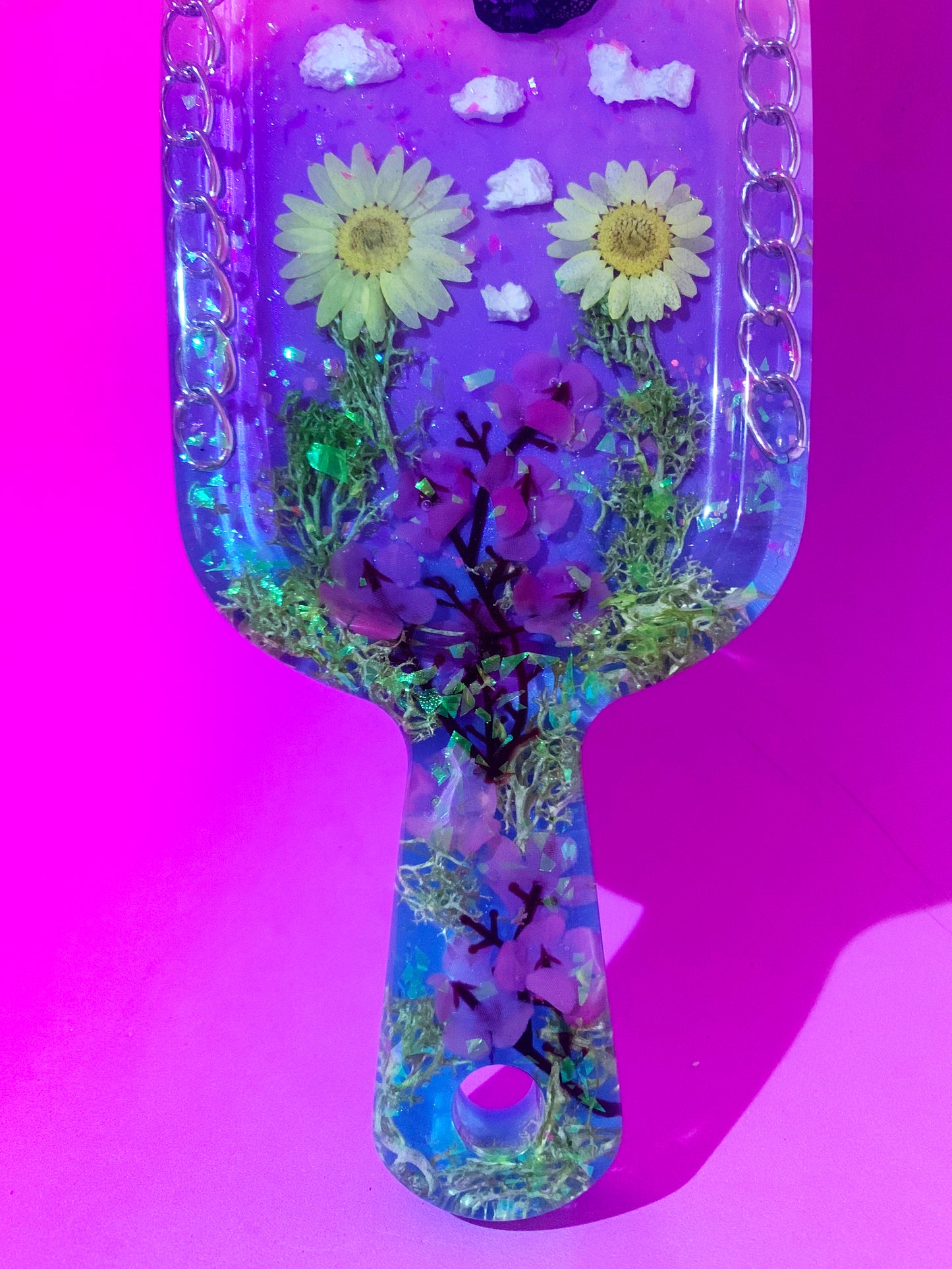 Nature inspired pink resin spanking paddle with butterfly, clouds and flowers