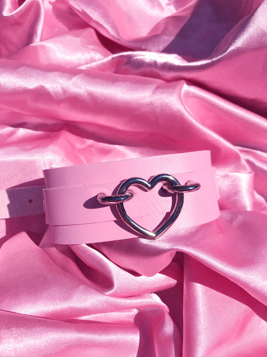 Pink BDSM collar with heart stainless steel ring