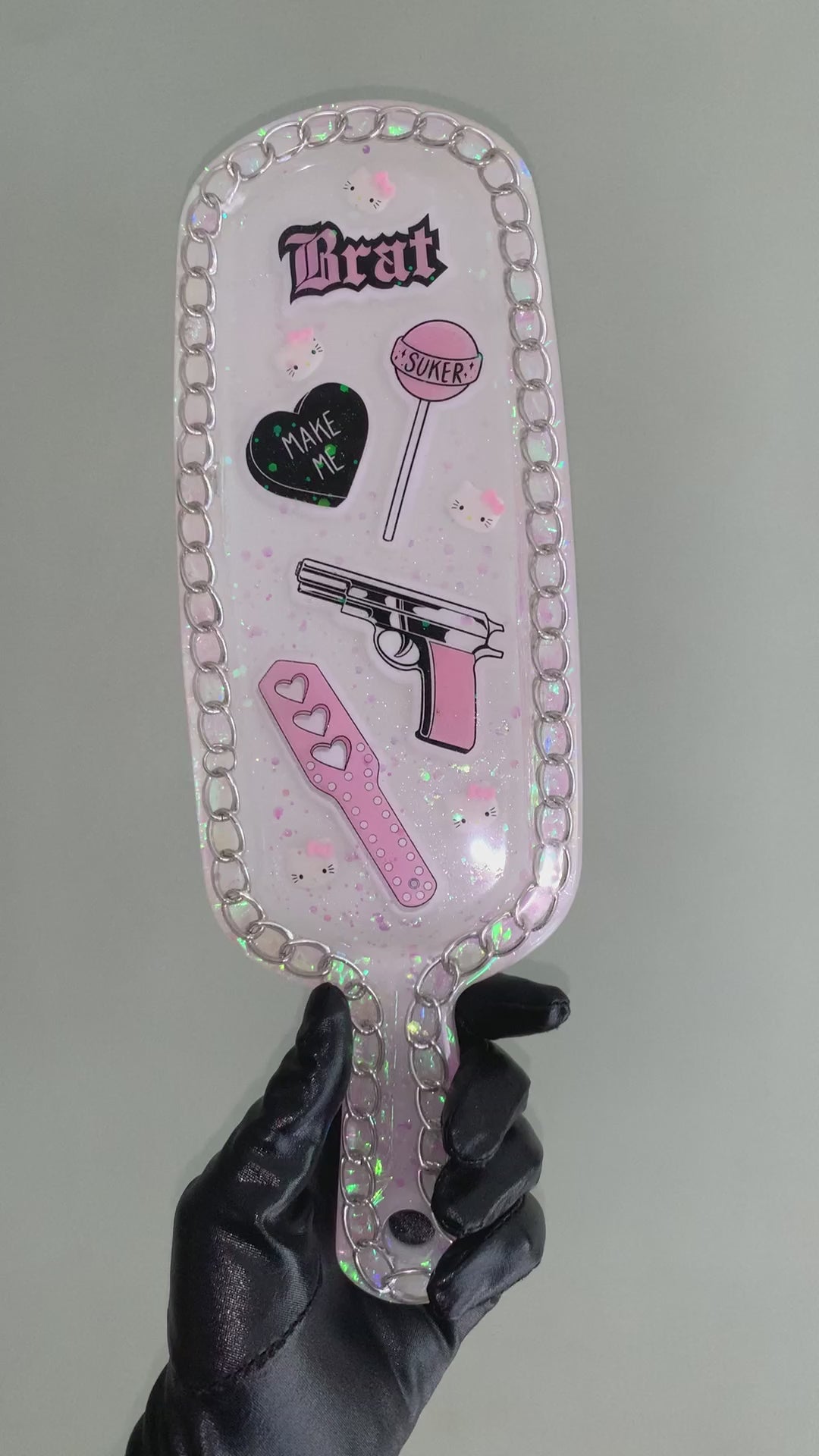 Big kawaii resin spanking paddle with cute y2k pink stickers and glitter