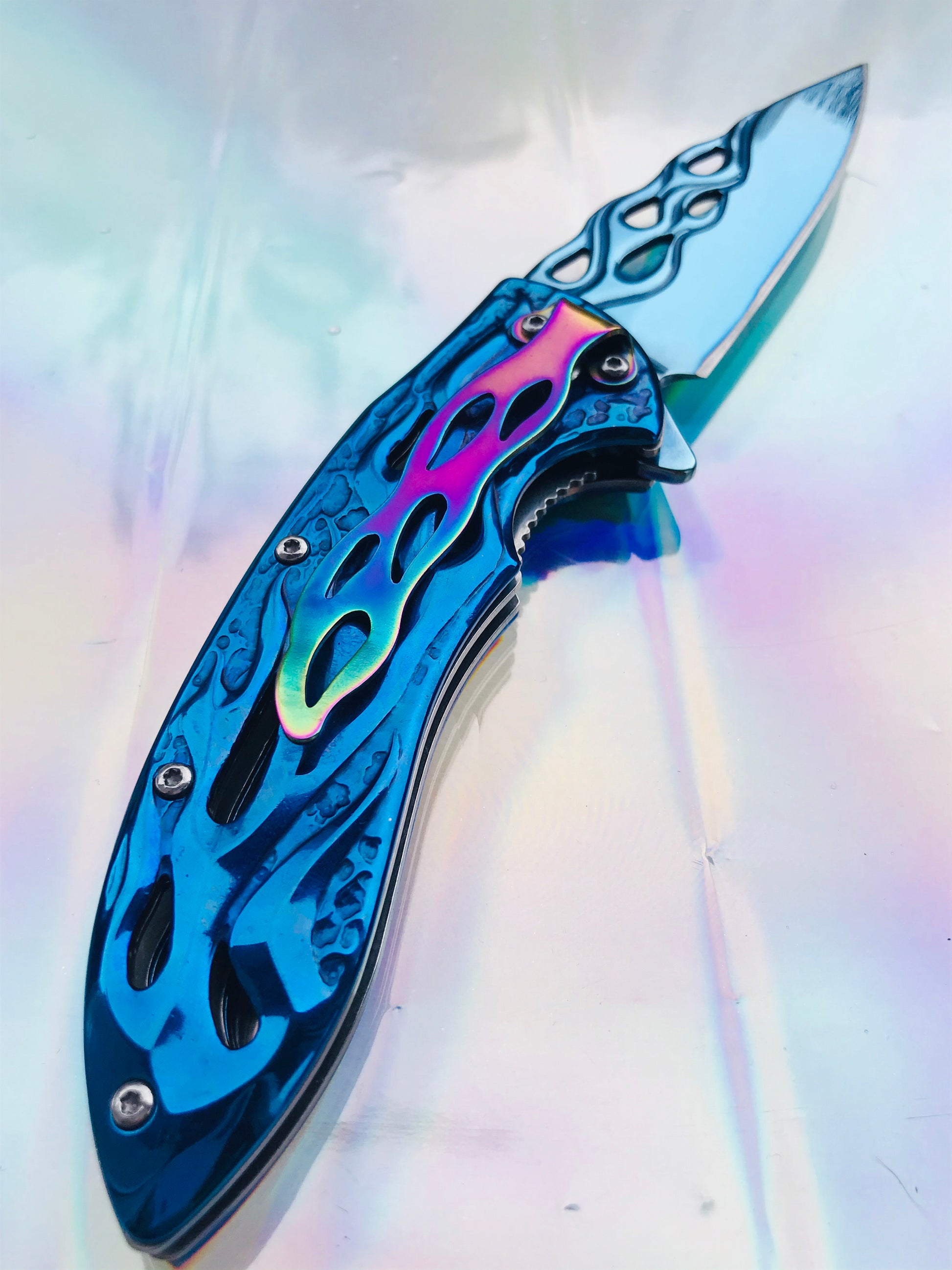 Cute blue rainbow folding pocket knife 