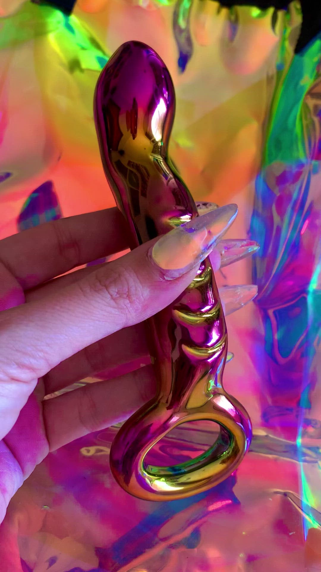 Holographic rainbow glass dildo