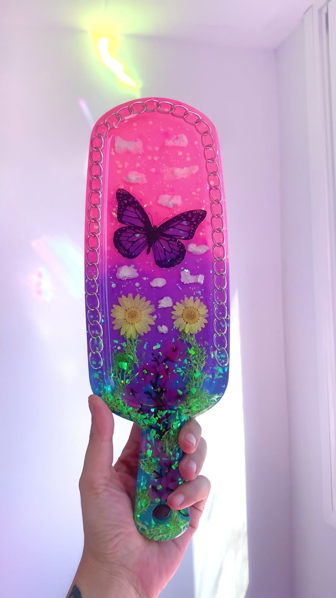 Nature inspired pink resin spanking paddle with butterfly, clouds and flowers 