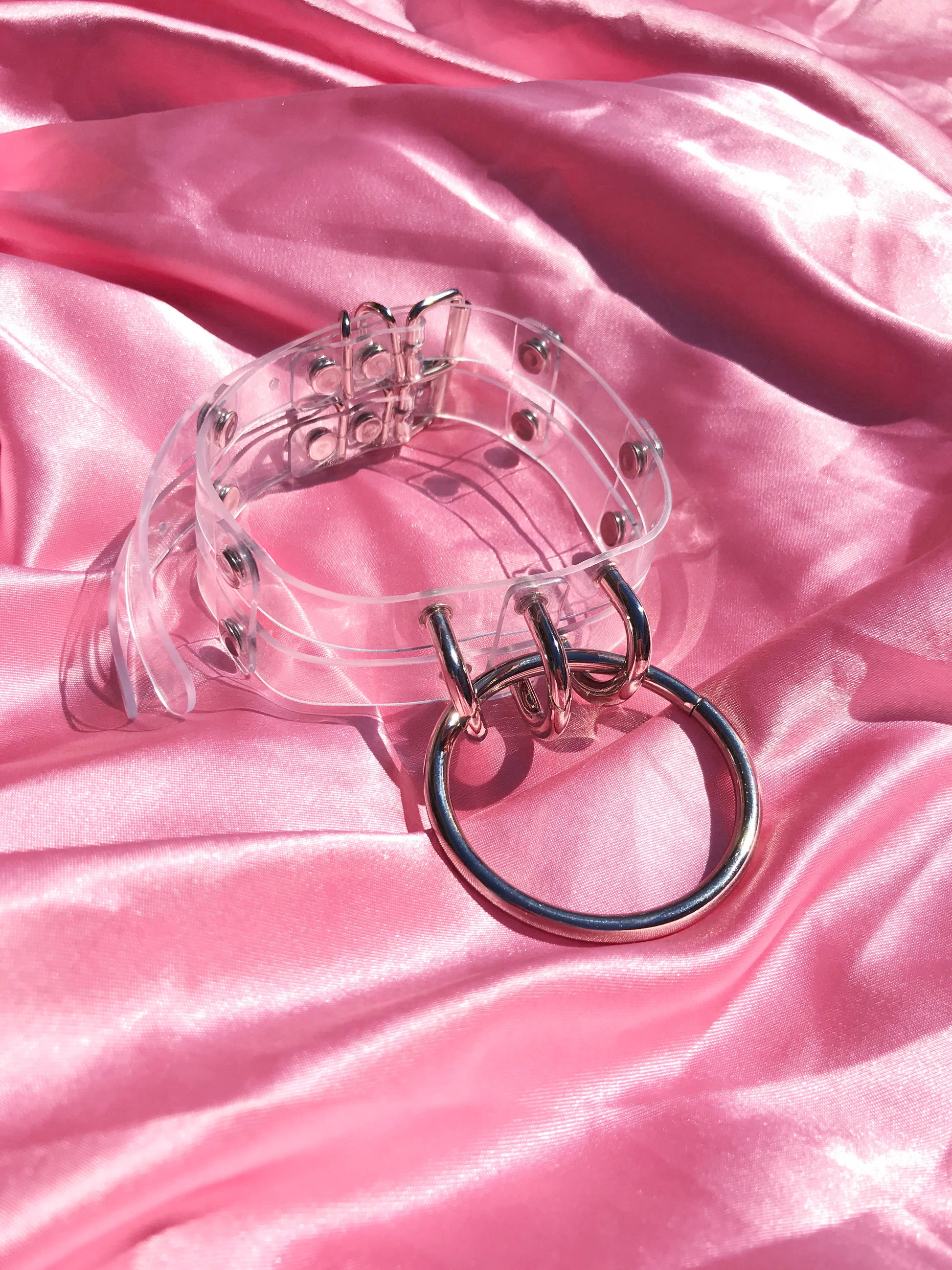 Clear pvc bdsm collar with large silver steel buckle for bondage or BDSM 