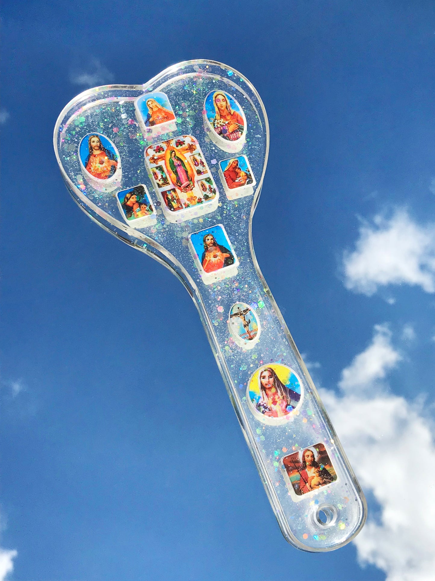 Heart shaped Jesus Christ spanking paddle with holographic flakes