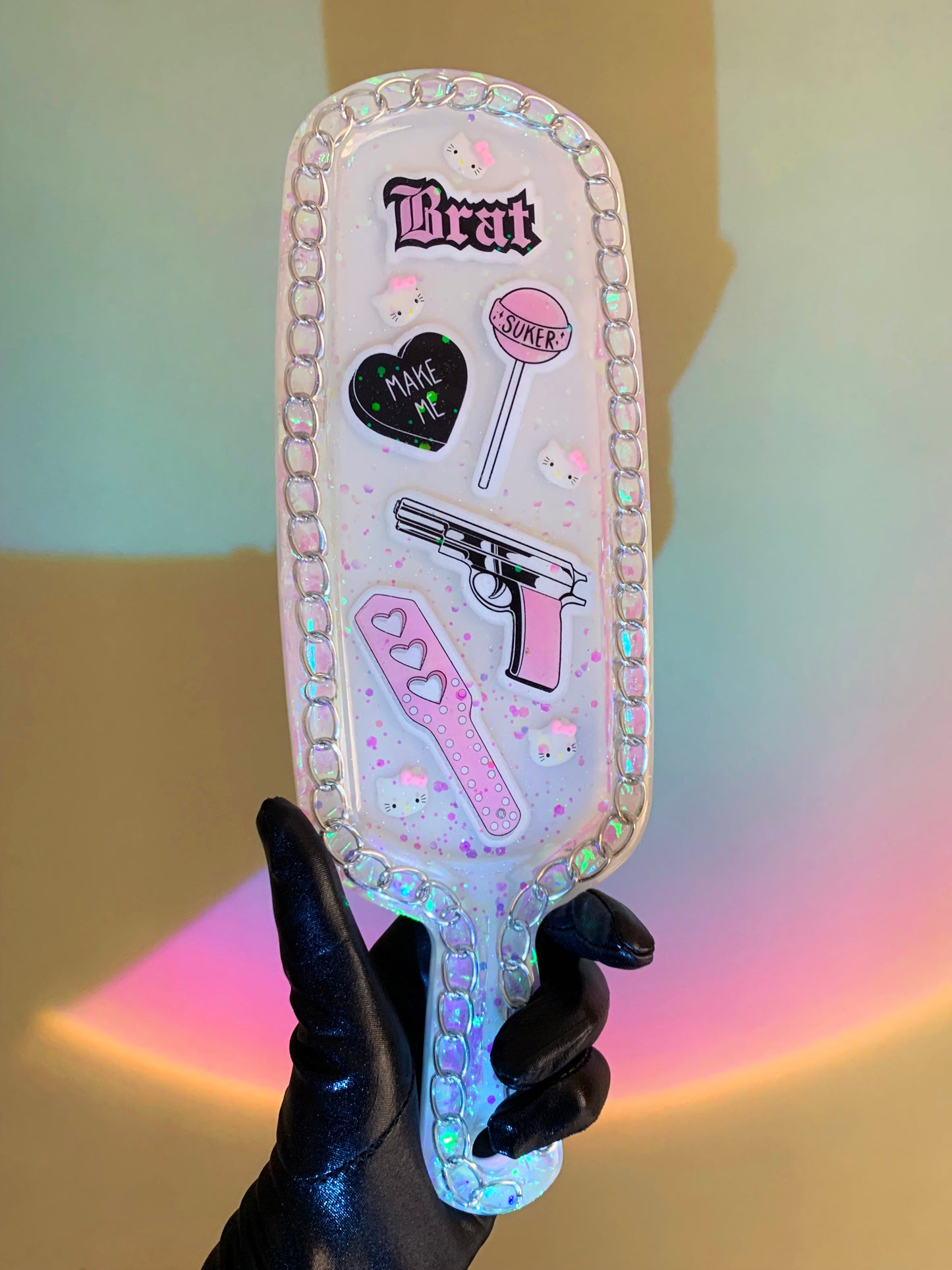 Big kawaii resin spanking paddle with cute y2k pink stickers and glitter