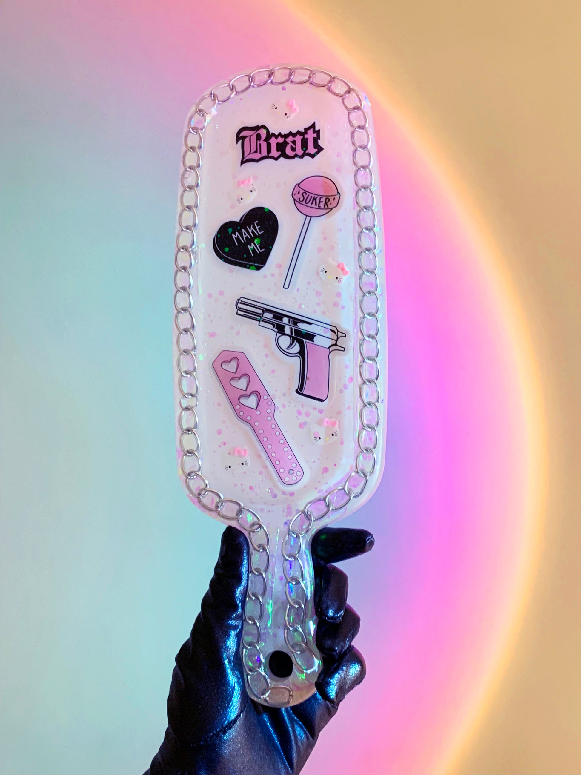 Big kawaii resin spanking paddle with cute y2k pink stickers and glitter