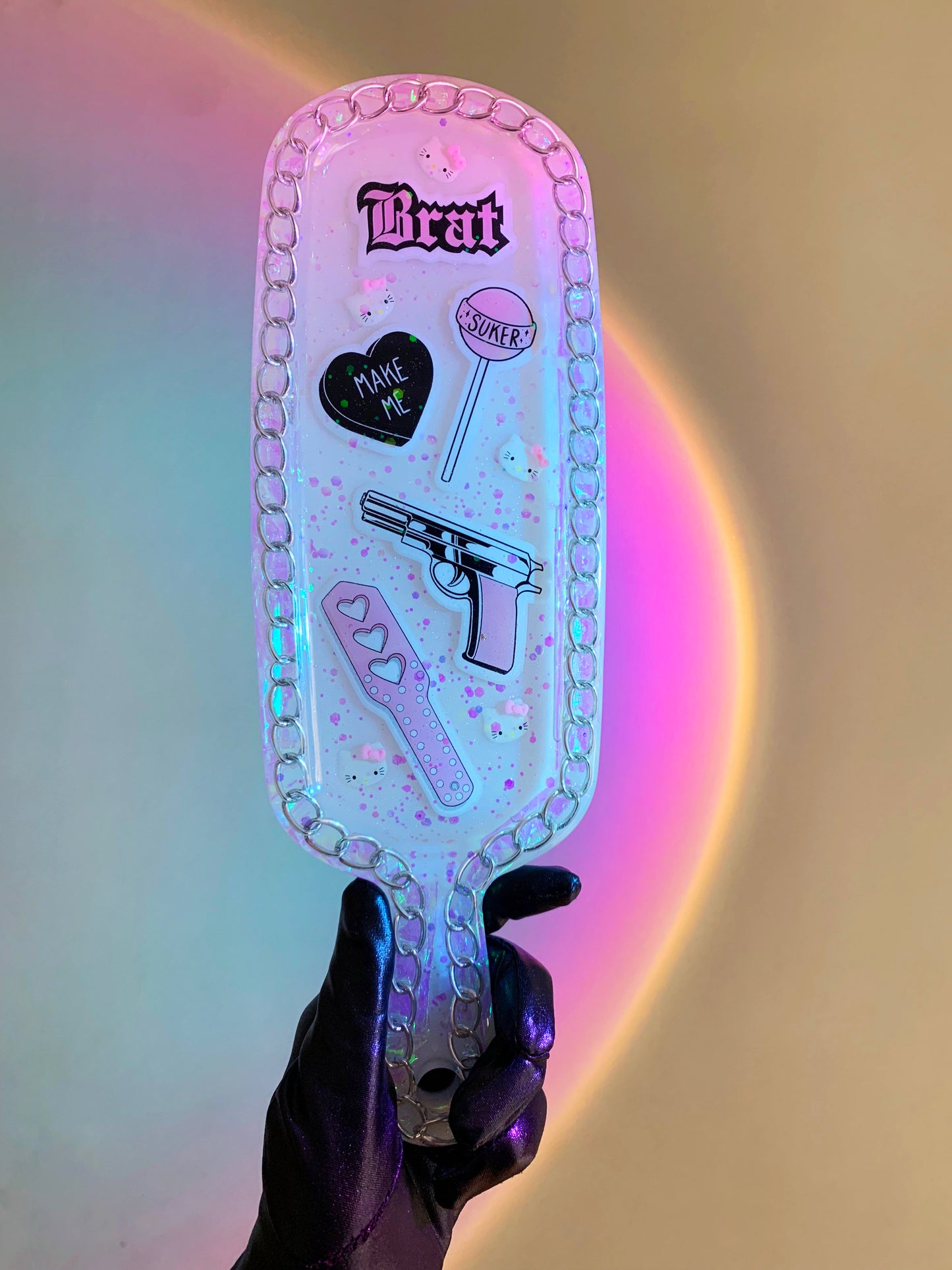 Big kawaii resin spanking paddle with cute y2k pink stickers and glitter