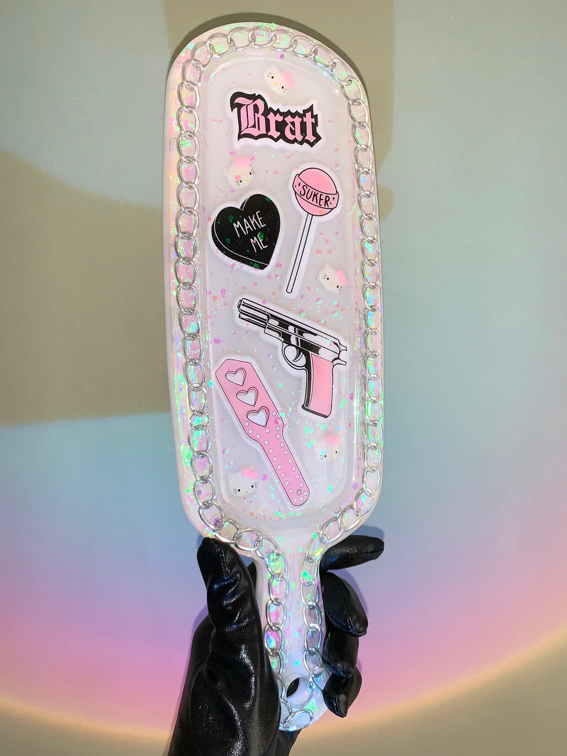 Big kawaii resin spanking paddle with cute y2k pink stickers and glitter