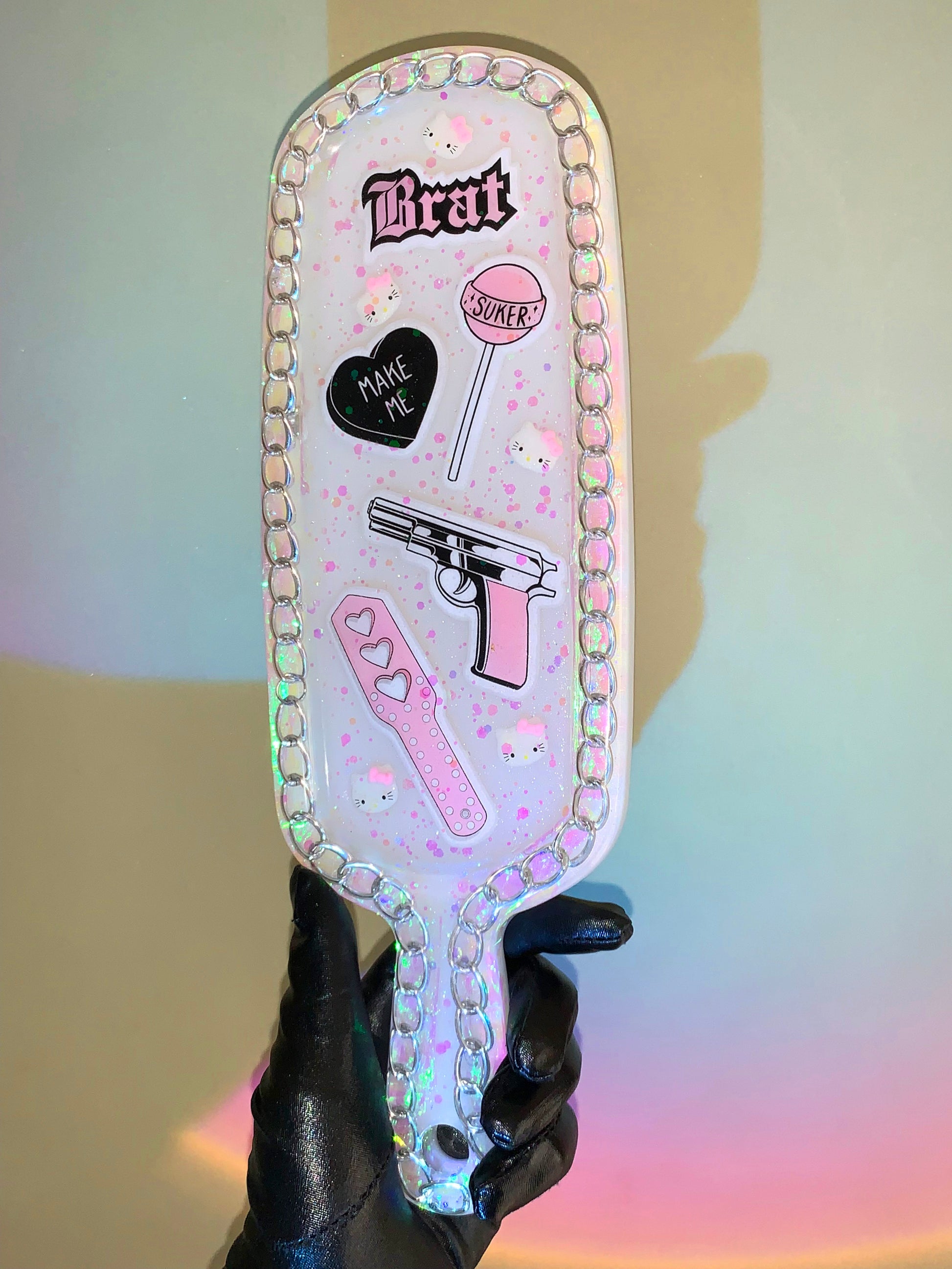 Big kawaii resin spanking paddle with cute y2k pink stickers and glitter