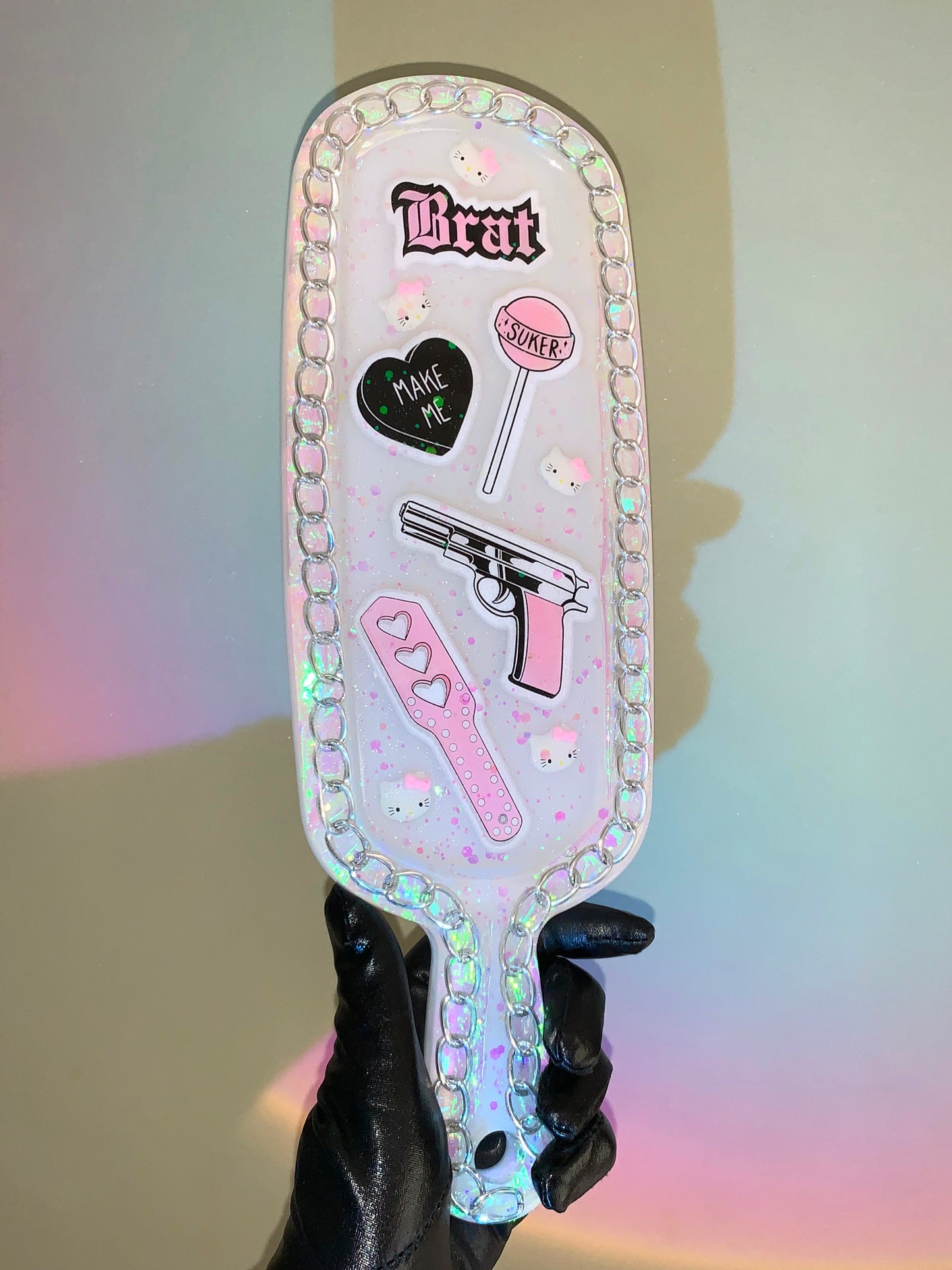 Big kawaii resin spanking paddle with cute y2k pink stickers and glitter