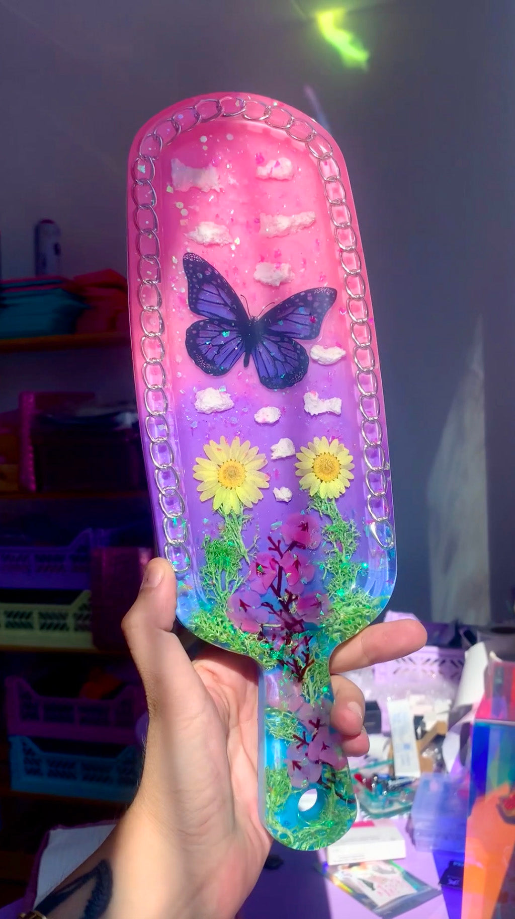 Nature inspired pink resin spanking paddle with butterfly, clouds and flowers 