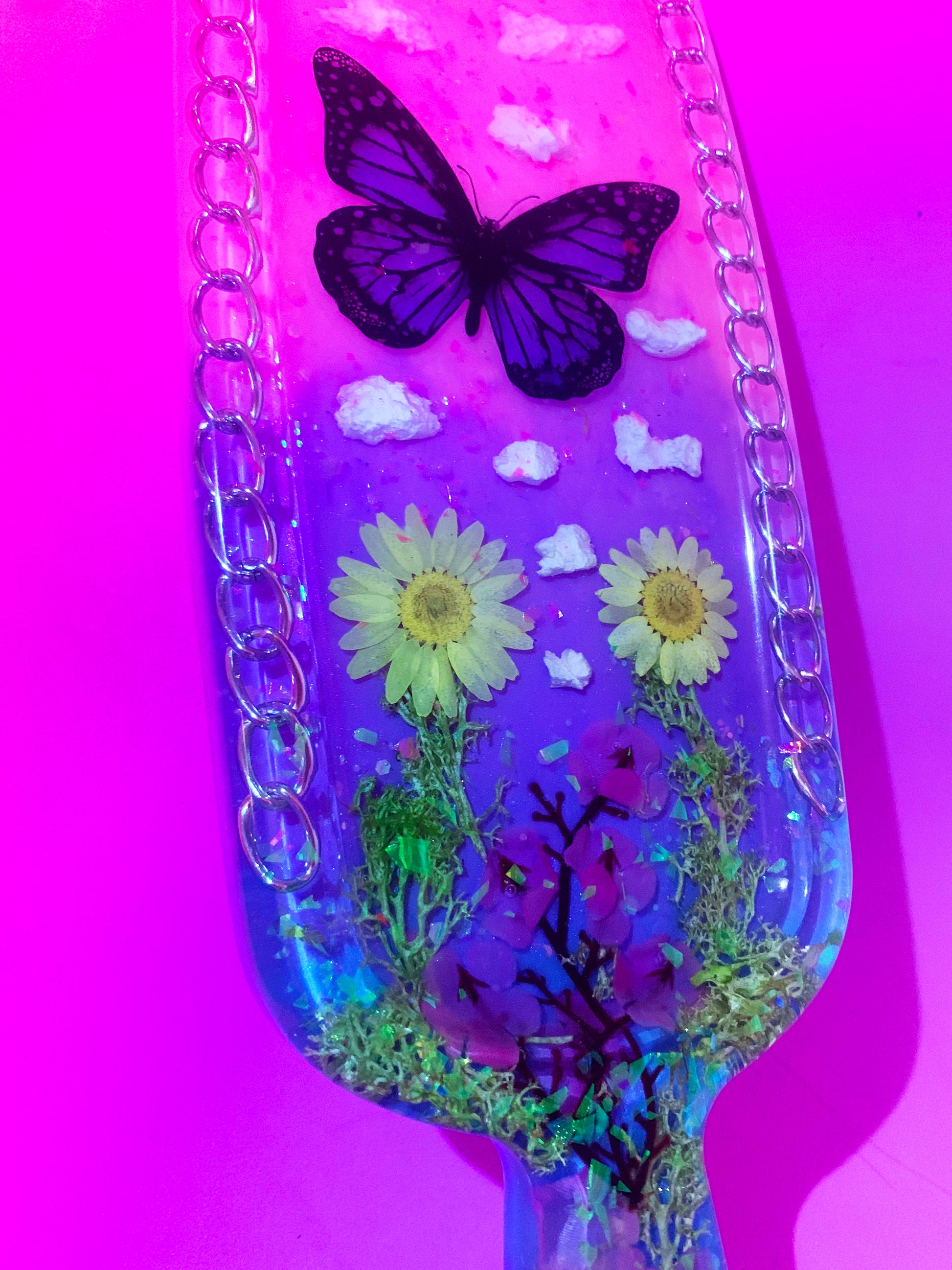 Nature inspired pink resin spanking paddle with butterfly, clouds and flowers 