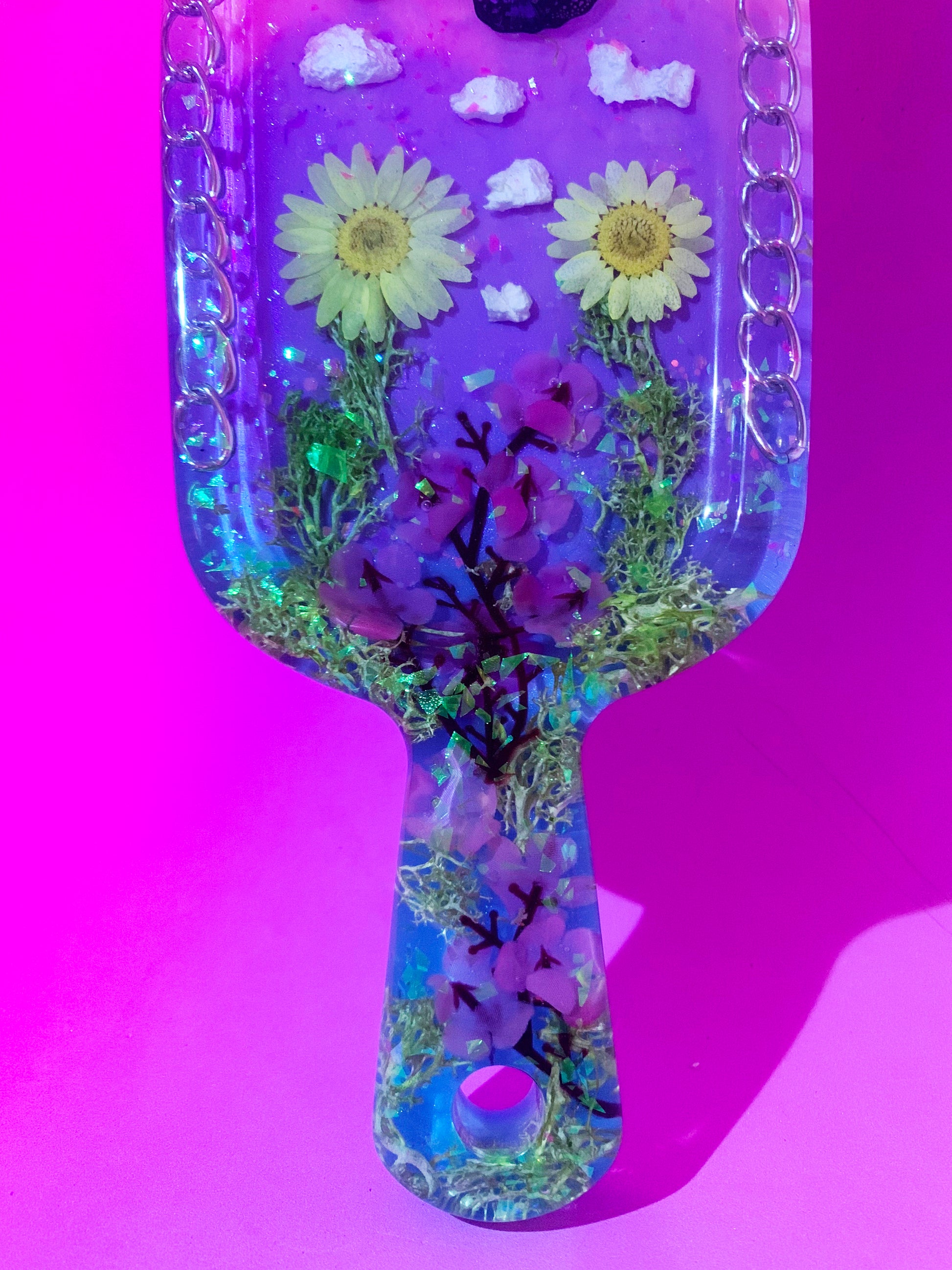 Nature inspired pink resin spanking paddle with butterfly, clouds and flowers 