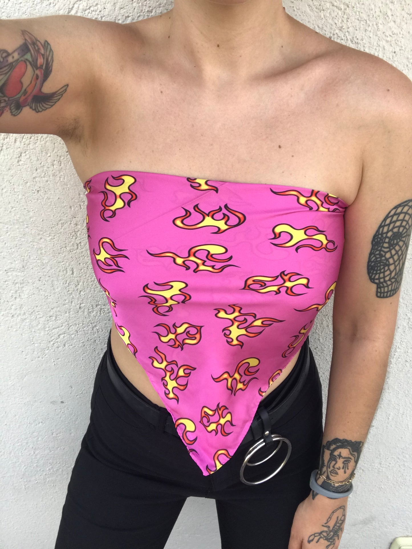 Pink and yellow fire print bandana