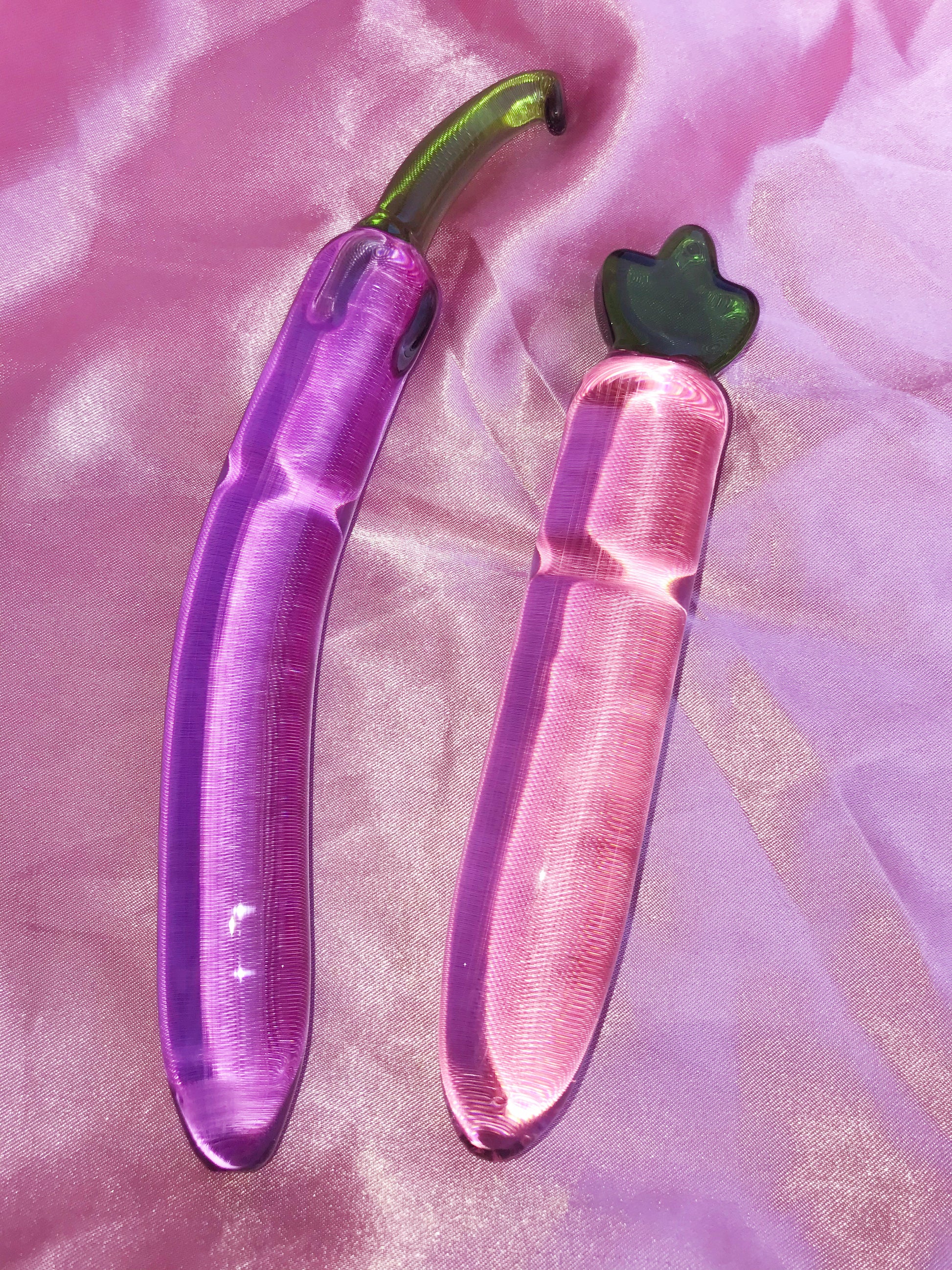 Vegan glass dildos. Banana, eggplant, radish, zucchini and cucumber dildos