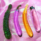 Vegan glass dildos. Banana, eggplant, radish, zucchini and cucumber dildos