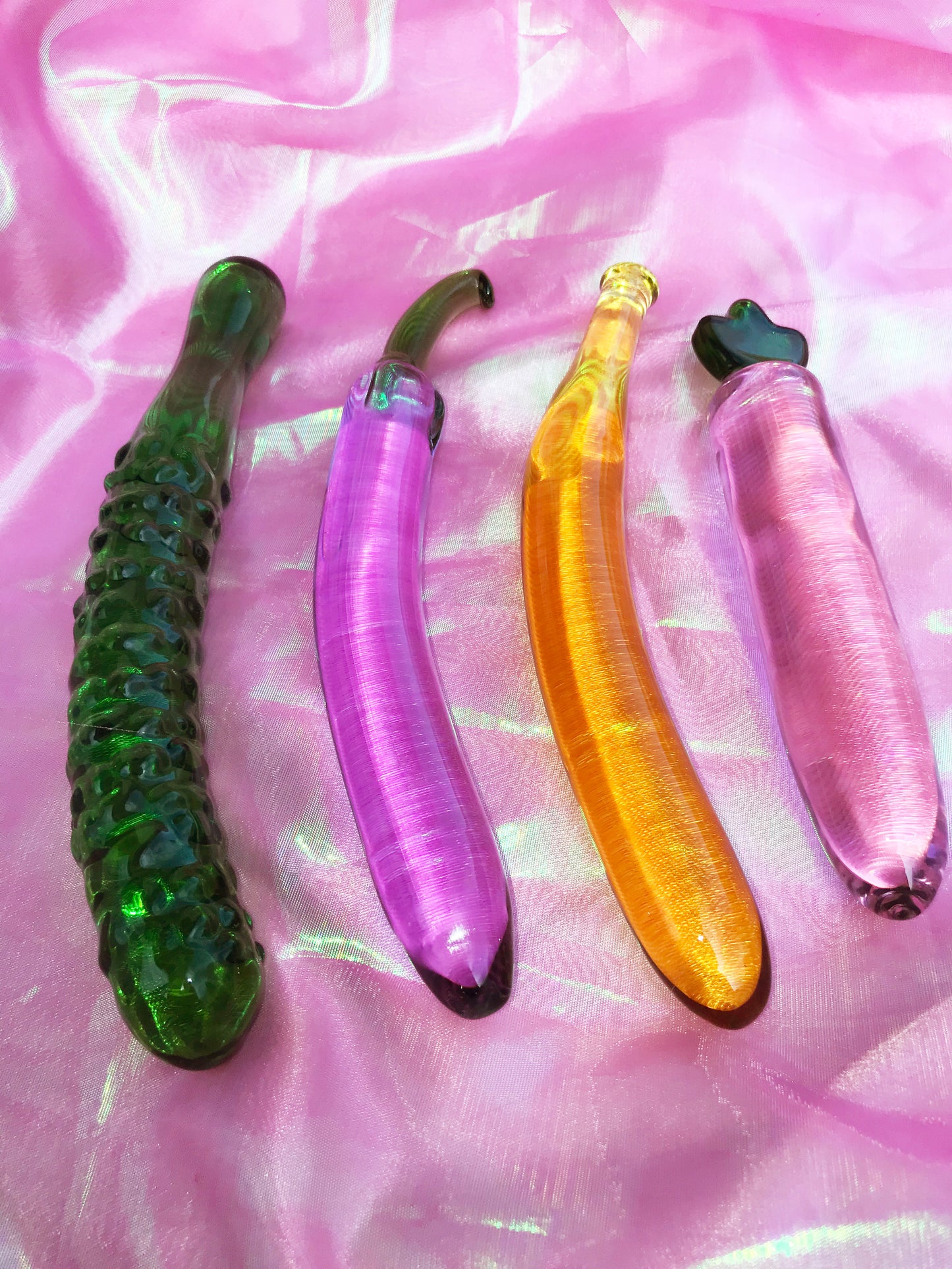 Vegan glass dildos. Banana, eggplant, radish, zucchini and cucumber dildos