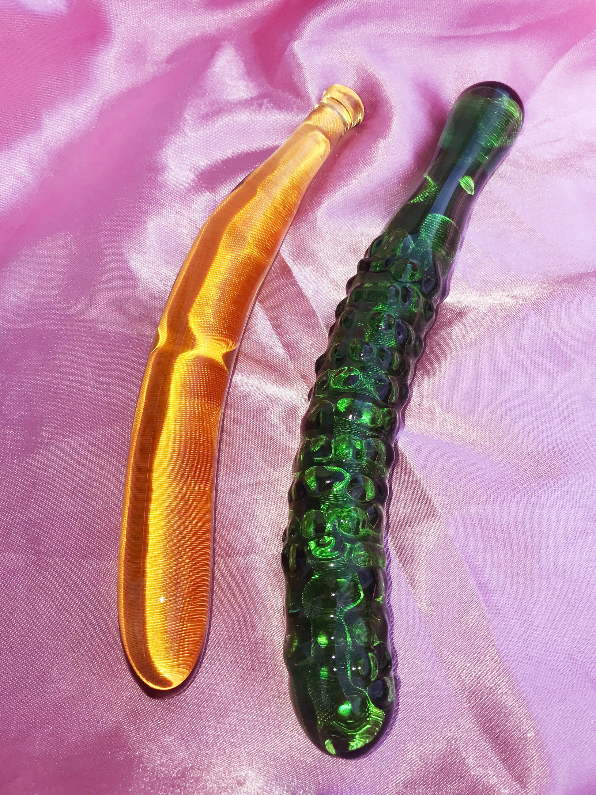 Vegan glass dildos. Banana, eggplant, radish, zucchini and cucumber dildos