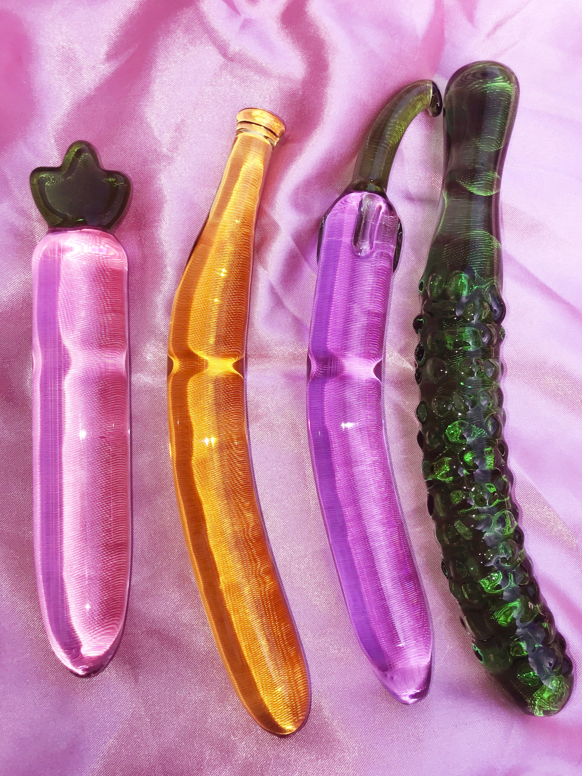 Vegan glass dildos. Banana, eggplant, radish, zucchini and cucumber dildos