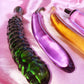 Vegan glass dildos. Banana, eggplant, radish, zucchini and cucumber dildos
