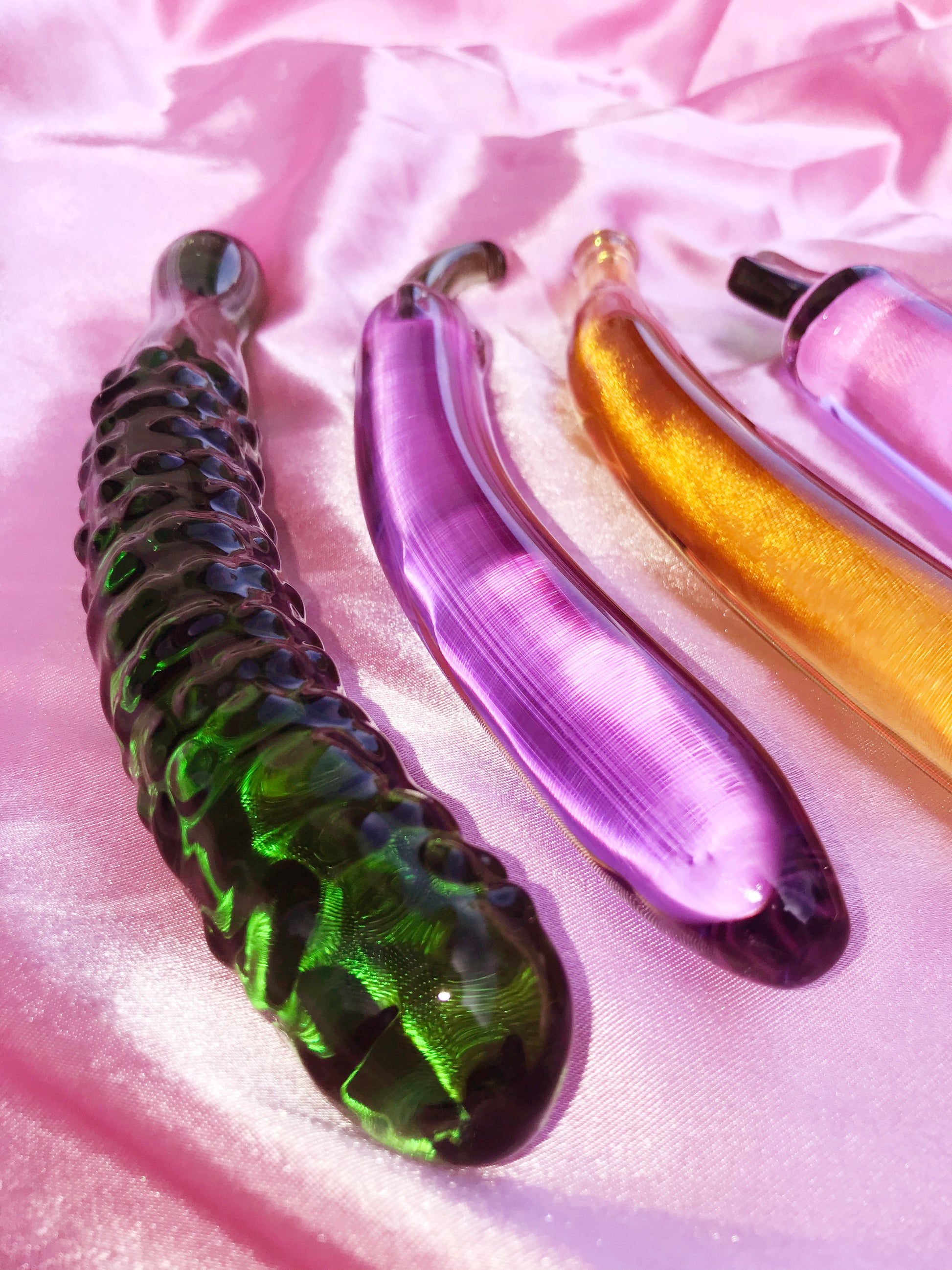 Vegan glass dildos. Banana, eggplant, radish, zucchini and cucumber dildos