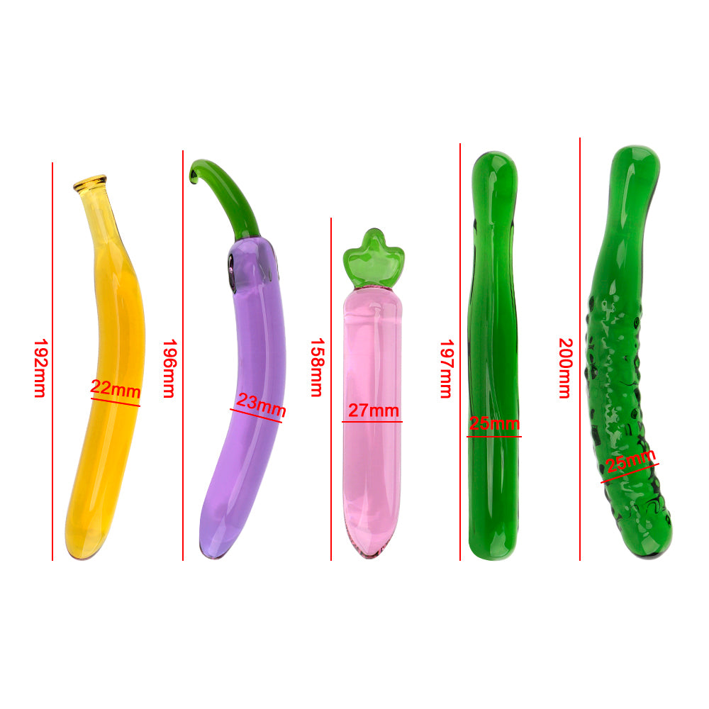 Vegan glass dildos. Banana, eggplant, radish, zucchini and cucumber dildos